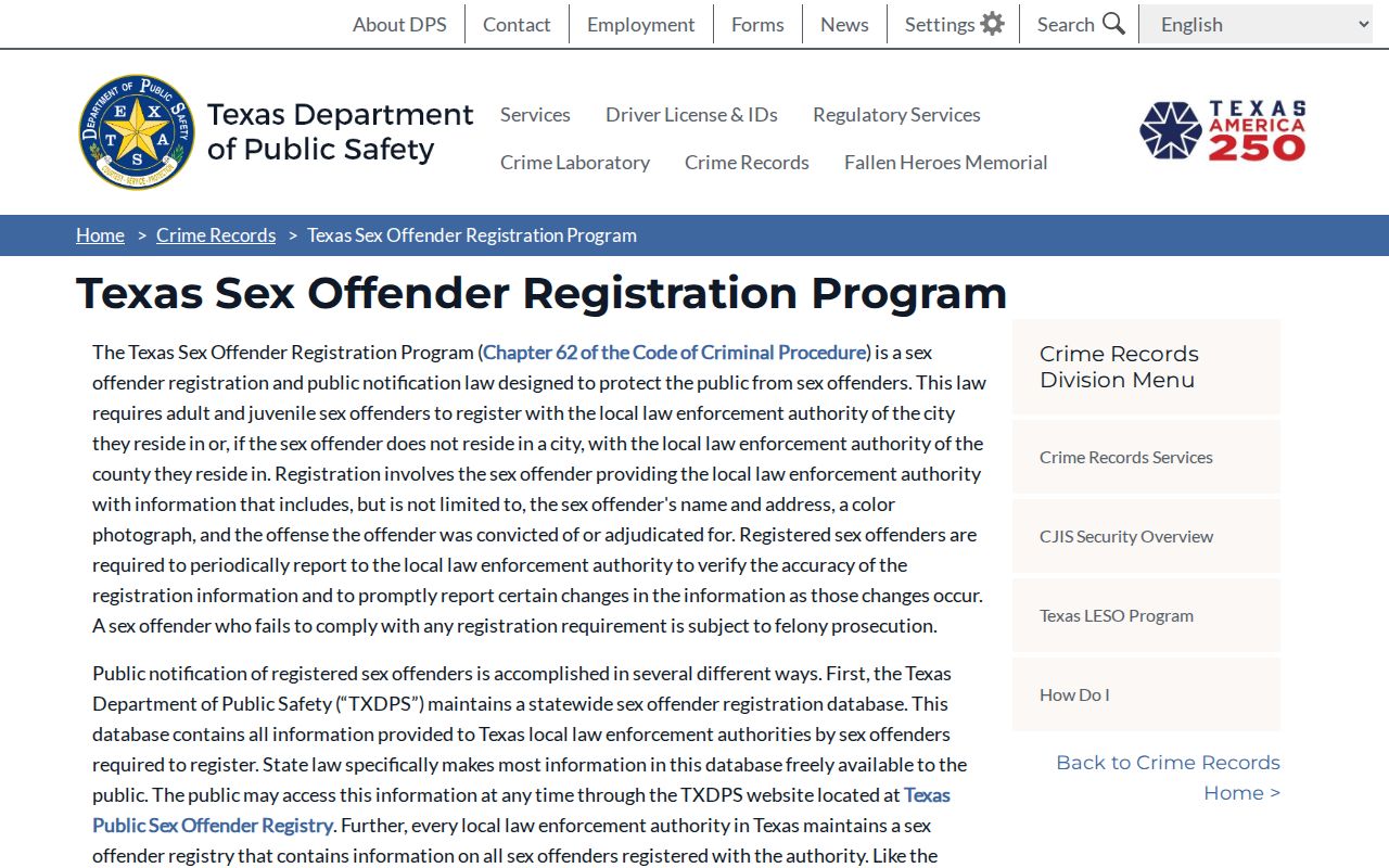 Texas DPS program guidance for Dawson County sex offender registration